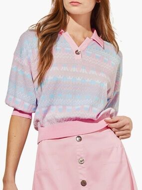 Ming Wang puff sleeve pink blue knit pointelle collar top blouse
